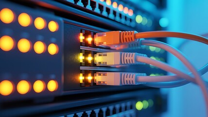 Close-up of a server rack with network cables and illuminated ports in a data center