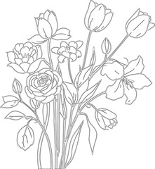 Drawings with lines, roses, mixed with flowers, and tulips are the overall picture as an outline bouquet for practicing vector painting.
