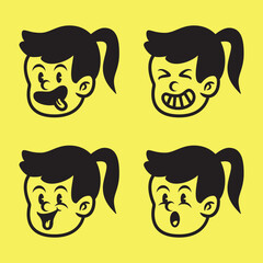Cute hand-drawn vector of a girl with ponytail showing funny and expressive cartoon faces. Great for apparel, stickers, and playful design elements
