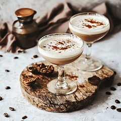 Two elegant cocktails on a rustic wooden board, garnished with cocoa powder.