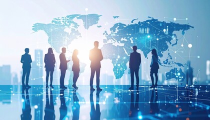 Global Business Team Silhouettes Meeting Against World Map Digital Network Background