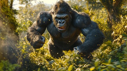 Aggressive gorilla in jungle environment