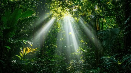Fototapeta premium Sunlight streams through lush jungle canopy
