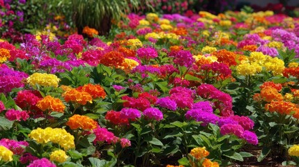 Obraz premium Vibrant Floral Garden with Colorful Blooms of Pink, Yellow, Orange, and Purple Blossoms in a Bright Sunny Day Setting