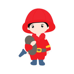Kawaii firefighter  kids cartoon isolated on white background. fire fighter uniform with fire emergency clip art set. Flat vector design isolated white background