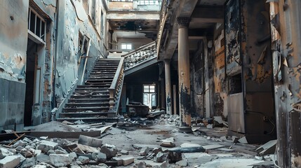 Dilapidated Interior Of A Historical Building With Staircase Debris And Shadows