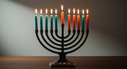 Hanukkah menorah illuminated with vibrant colored candles on wooden surface