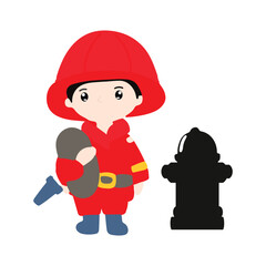 Kawaii firefighter  kids cartoon isolated on white background. fire fighter uniform with fire emergency clip art set. Flat vector design isolated white background