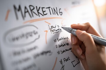 Hand Writing Name on Whiteboard beside Marketing Checklist in a Modern Digital Advertising Agency Workspace