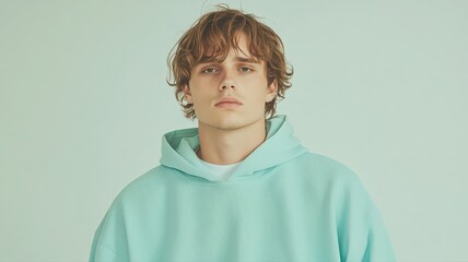 Stylish Man in a Pastel Blue Hoodie Looking Confident with a Simple Background