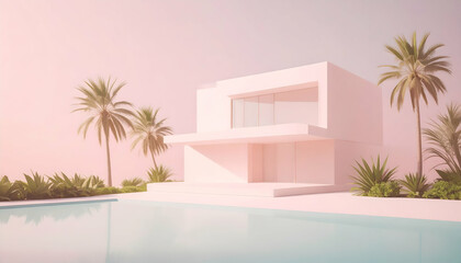 Modern Pink House With Pool and Palm Trees Architecture in Tropical Seaside Scenery With Clean Geometric Lines Minimalist Design Style and Residential Property