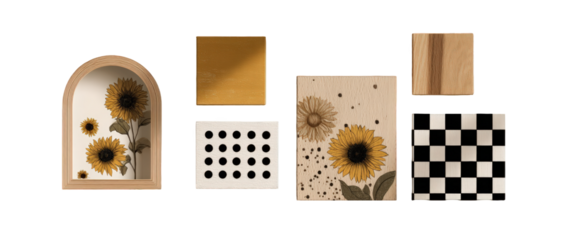 Arrangement of decorative wooden objects with sunflower and geometric patterns on a white background