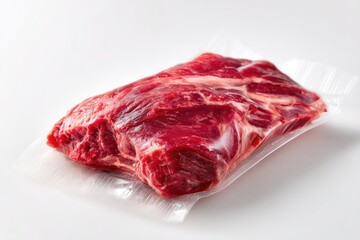 Obraz premium Fresh, vacuum-sealed, red meat portion, displayed on a plain background.