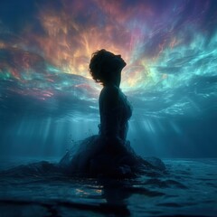 Obraz premium Young woman stands waist-deep in ocean, dress flowing like liquid music, beneath aurora sky, eyes closed in emotional resonance, surreal cinematic scene.
