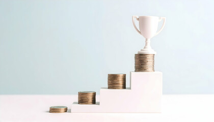 Symbolic Staircase of Coins Ascending to a Trophy Depicting Investment Growth and Achievement on a Light Blue Background