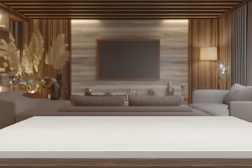 Empty white table in a modern, wood-paneled living room