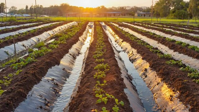Agriculture field sunset rows