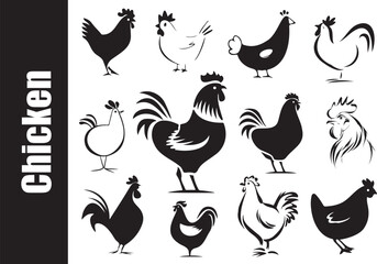 Set bundle Chicken Silhouette and Outline Vector In style of whimsical cute hand drawn illustration For farm animal craft design, t-shirt printing, nursery decoration, country lifestyle and minimalist