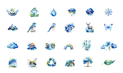 Plants & Trees Watercolor Icon Set – Hand-Painted Botanical Illustrations for Nature-Inspired Design on white background 