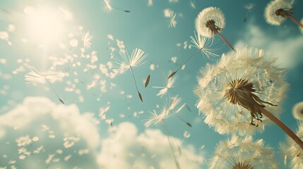 Floating Seeds in Breeze: Dandelion seeds floating in the air, carried by a gentle breeze against a bright spring sky. --ar 16:9

