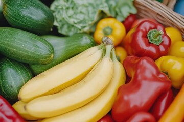 Vibrant assortment of fresh produce bananas, peppers, cucumbers, and lettuce