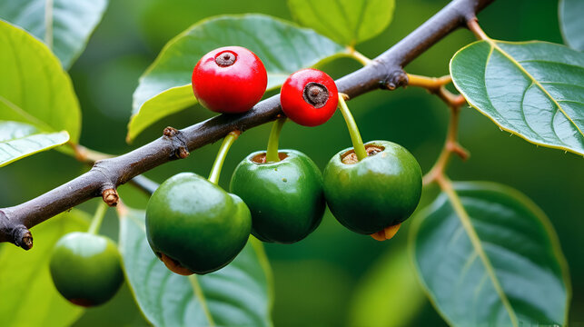A macro shot of coffea arabica coffee cherries afflicted by coffee berry disease, colletotrichum kahawae, a fungal plant pathogen
