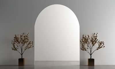 Modern living and dining room and white arch wall texture background interior design. 3d rendeing