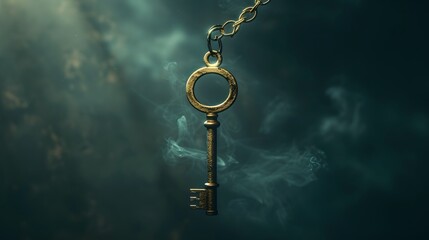 Floating Vintage Key: An antique brass key floating in mid-air against a dark, mysterious background with soft light highlighting its details.
