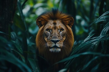 Majestic African Lion in Lush Jungle Habitat Wildlife Photography