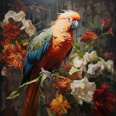 Fototapeta premium Parrot mimicking human behavior on perch, showcasing advanced animal imitation abilities.