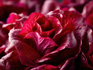 Obraz premium Close up of vibrant red lettuce leaves with detailed veining and lush texture, showcasing fresh and crisp vegetable produce, perfect for salads or garnishing dishes