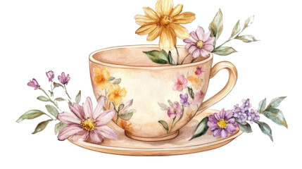floral teacup with saucer on white background