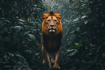 Majestic African Lion Stands Proud in Lush Jungle Foliage, Wildlife Photography