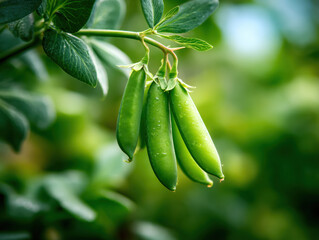 Cluster of fresh green pea pods hanging from plant branch with lush green leaves in background, showcasing healthy and ripe vegetables ready for harvest