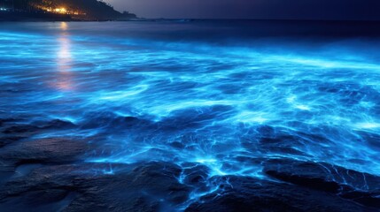Fototapeta premium Nighttime shoreline reflecting luminous, vibrant blue water.