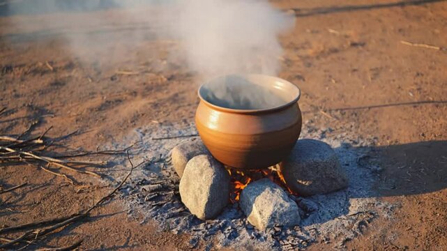 Pot simmering over campfire