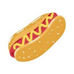 Hot dog served with mustard on a sesame seed bun at a summer outdoor picnic