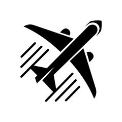 A minimal black filled silhouette of an airplane viewed from above, with outstretched wings and tail fin.