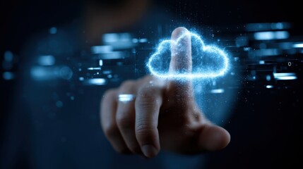 Futuristic Touchscreen Interaction with Digital Cloud Technology and Data Transfer Concept in a Dark Ambient Environment