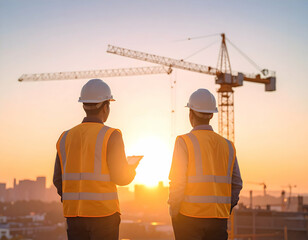 Two Construction Foremen in Safety Vests and Hard Hats Silhouetted Against a Vibrant Sunset Overlooking City Skyline and Construction Crane