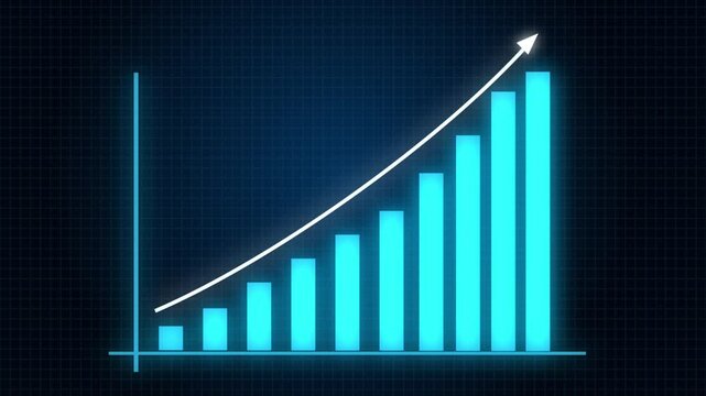 Glowing blue bar graph animation with rising arrow. Bright data bars and upward curve showing growth, progress, increase, and performance analytics on a digital grid background
