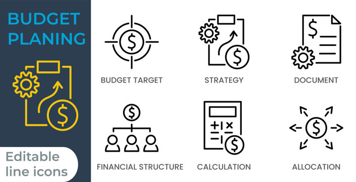 Budget Planning Editable Line Icons Set. Representing budget targets, strategies, documents, financial structures, calculations, and allocations. Perfect for financial presentations.
