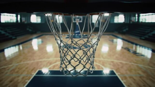 Empty Indoor Professional Basketball Court with Reflective Floor