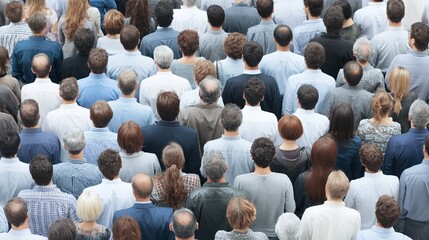 Obraz premium A large crowd of people seen from above with many heads visible.