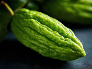 Bitter melon, also known as bitter gourd, is green, textured vegetable with bumpy surface and elongated shape. It is often used in cooking and traditional medicine for its health benefits