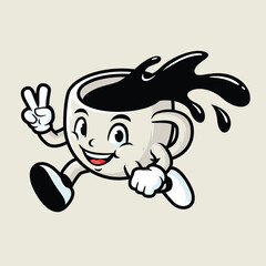 Vector mascot, cartoon, and illustration of a retro cup of coffee running.eps