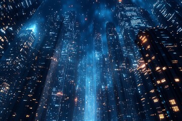Obraz premium Futuristic Rainy Night Cityscape with Illuminated Skyscrapers, Cyberpunk Urban Atmosphere