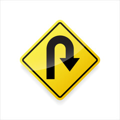 U-turn traffic sign vector. Flat design on yellow diamond board for road safety and direction.