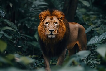 Majestic African Lion in Lush Jungle Habitat Wildlife Photography