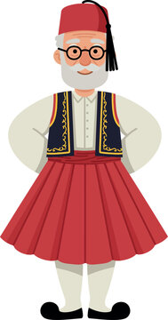 Elderly man in traditional Greek fustanella costume with red skirt and fez hat vector illustration 